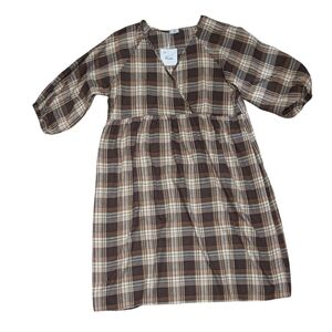 Plaid Midi Dress in Brown and Cream - Women Dresses Midi 2X